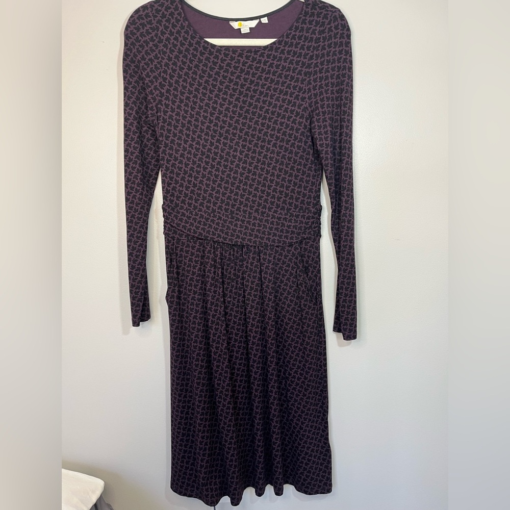 Boden Dark Purple Black Long Sleeve Dress Leaf Print Dress Women’s 4 Pockets